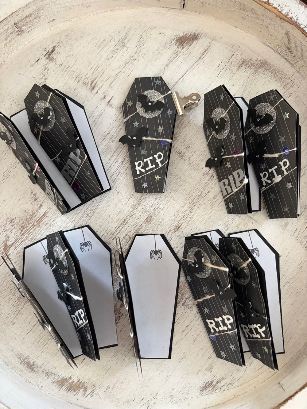 Set of 10 Handmade Halloween Black Coffin and Bats Shaped Spooky Cards, RIP